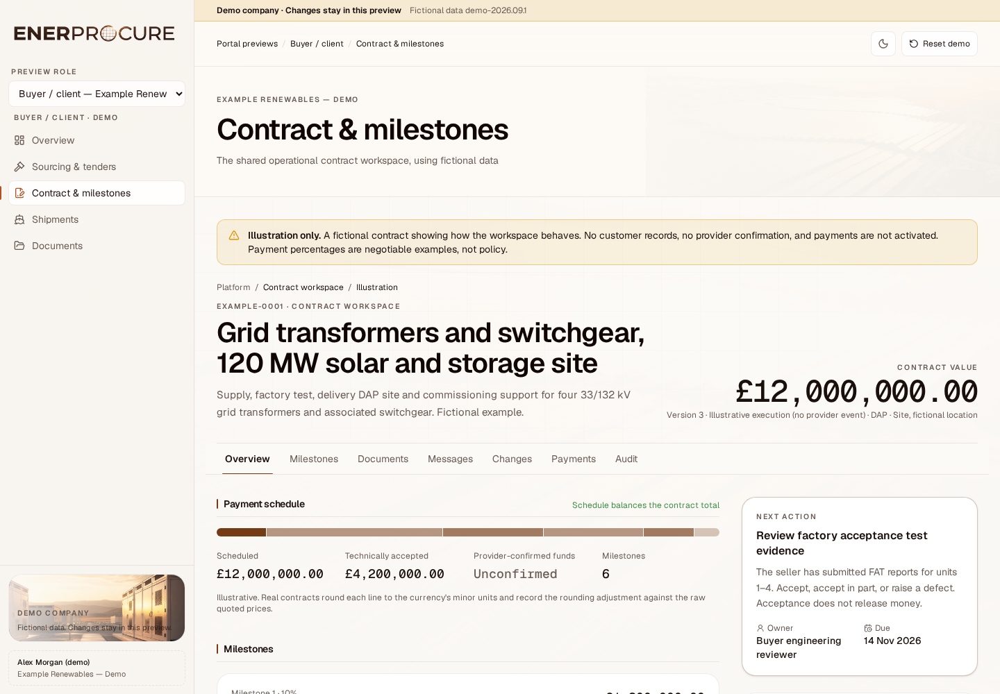 EnerProcure contract workspace showing a fictional £12m milestone schedule